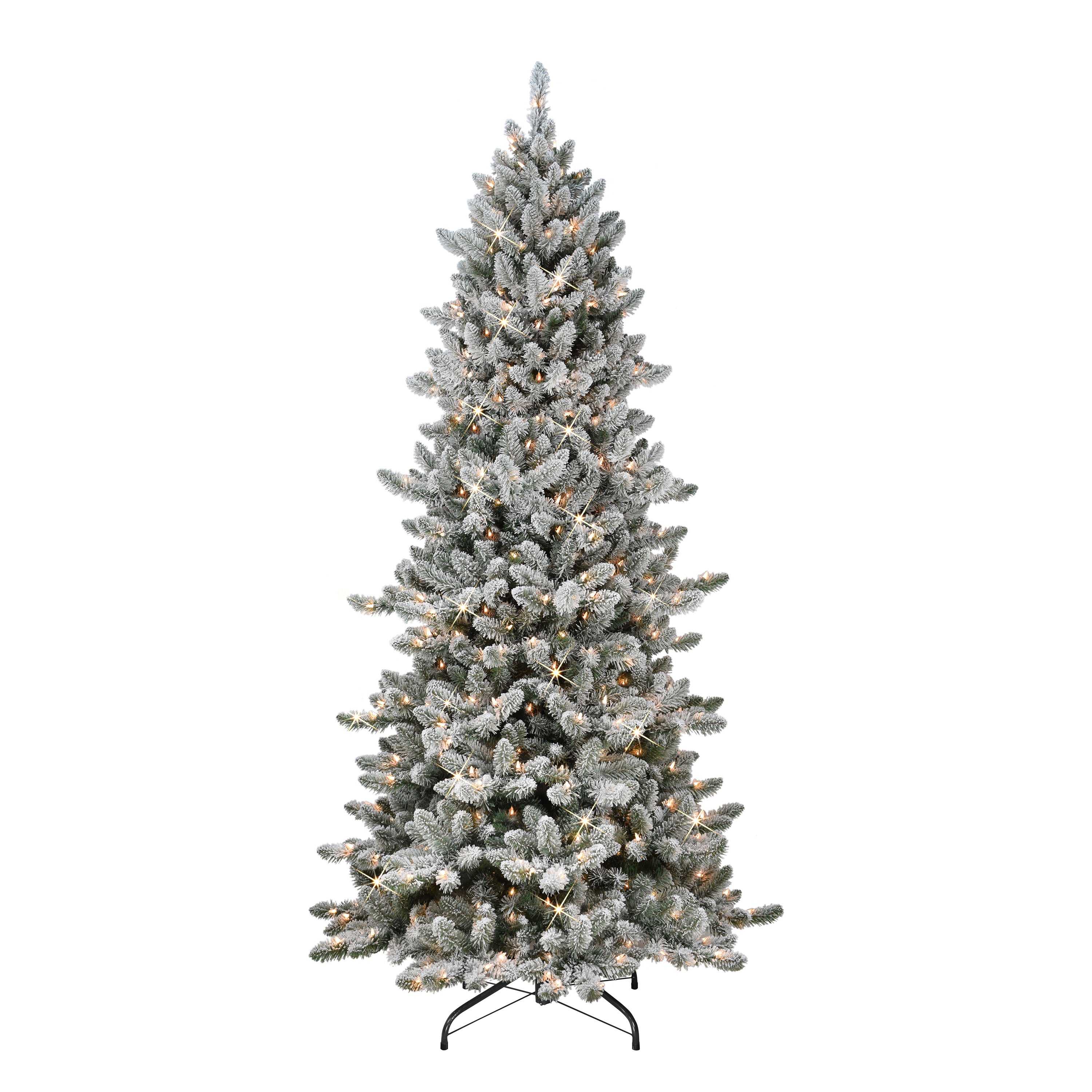 7.5 ft Pre-lit Slim Flocked Royal Majestic Spruce Artificial Christmas Tree with 400 UL Clear Lights Metal Stand Green RMSSLFA-75C4